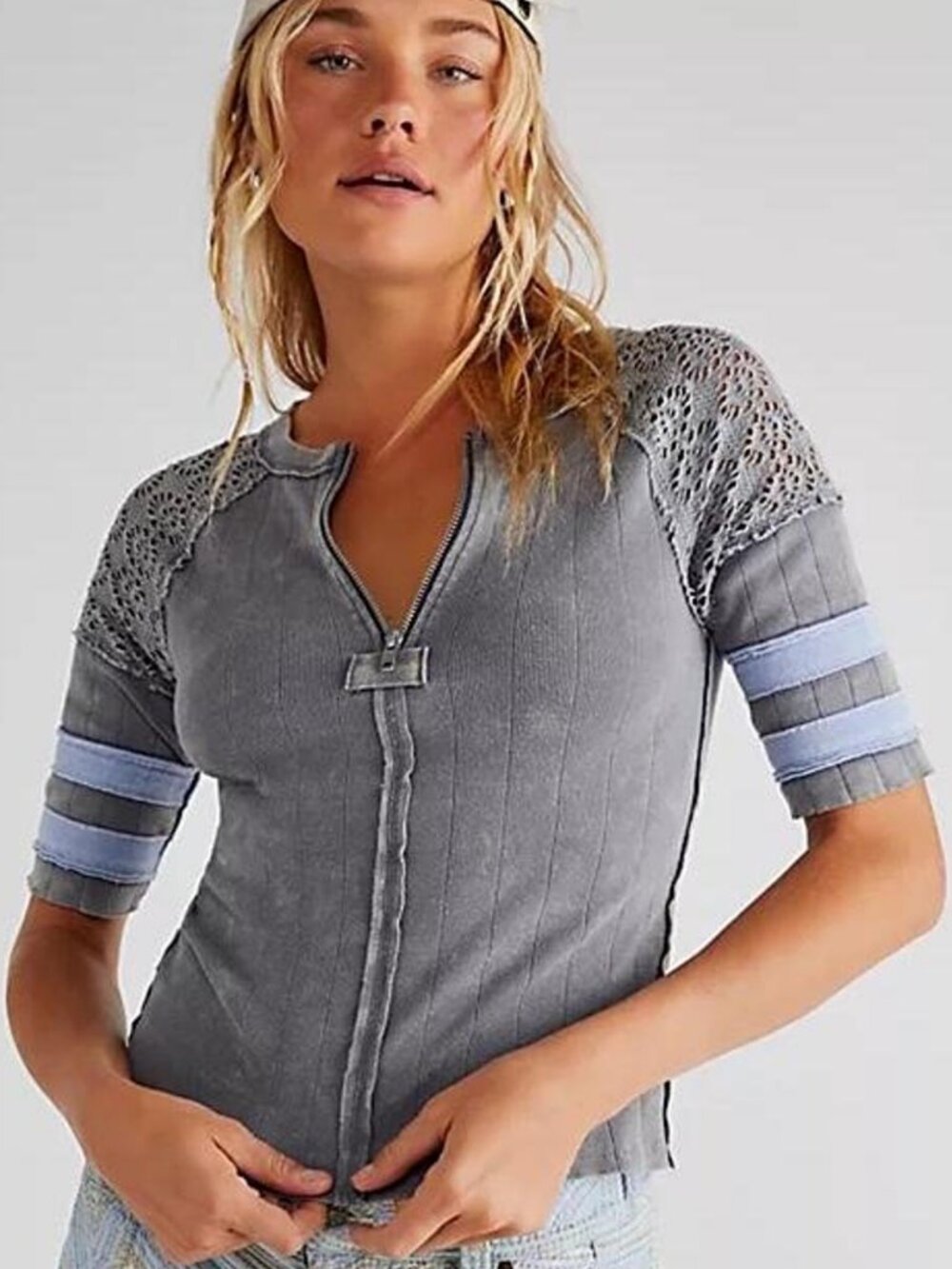 Free People We The Free Sun Glow Top Gray Dye / Blue Stripe Cotton Very Good - M